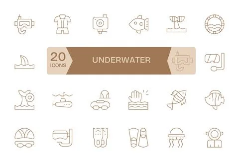 Underwater Vector Icon Collection with 24 256x256 Thin Line Designs Stock Illustration