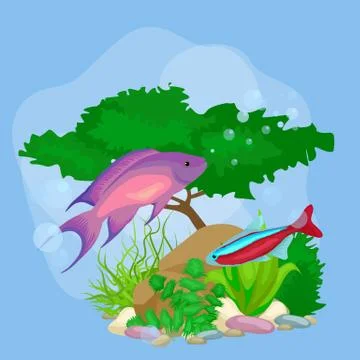Underwater vector world background with fish, seaweed and bubbles Stock Illustration