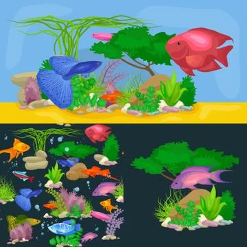 Underwater vector world background with fish, seaweed and bubbles Stock Illustration