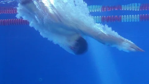Underwater view to the beautiful professional swimmer diving into pool. Slow Stock Footage