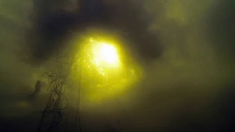 Underwater view of checking winter fishing nets through ice hole Stock Footage 75257294