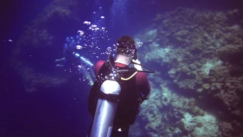 Underwater view of diver with camera shot another diver on bottom of coral reef. 動画素材 171375443