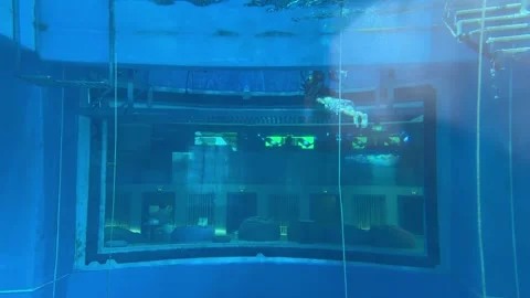 Underwater view of a diver descending past a large window overlooking a spa Stock Footage 346799329