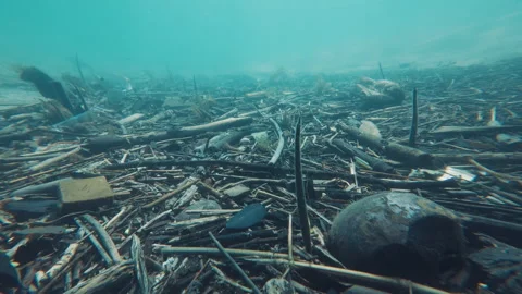 Underwater view of the garbage on the sea bed near the island of Ilha Grande in Stock Footage 339274443