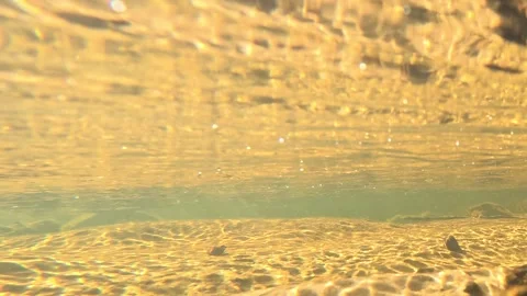Underwater View of Golden Sun Rays in a Freshwater Stream Stockbeeldmateriaal 341837166