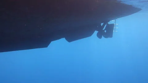 Underwater view of the hull of a dive boat Stock Footage 170922829