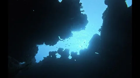 Underwater view looking up through a dark cave at the sun shining on the ocean Stock-Footage 334716410