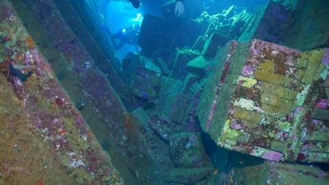 Underwater View Scuba Divers Inside A Ship Wreck Red Sea Egypt Stock Footage 101645951