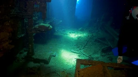 Underwater View Scuba Divers Inside A Ship Wreck Red Sea Egypt Stock Footage 101646018