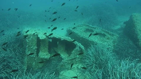 Underwater view of a small shipwreck with many fish swimming around Stock Footage 120502230