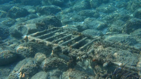 Underwater view of submerged iron structure and algae Stock Footage 295946450