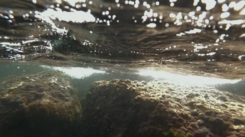 Underwater view of sunlight creating bubbles and reflections on the water Video stock 343102235