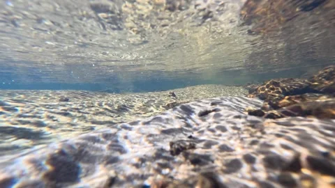 Underwater View of Sunlight Refraction on a Rocky Creek Bed Stock Footage 342691329