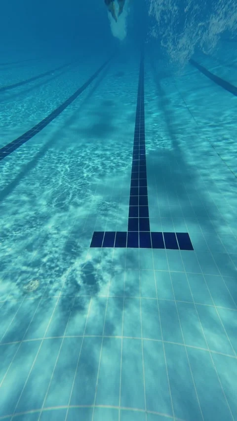 Underwater View of Swimming Pool Lanes with Swimmer Diving in Distance Stock Footage 342015939