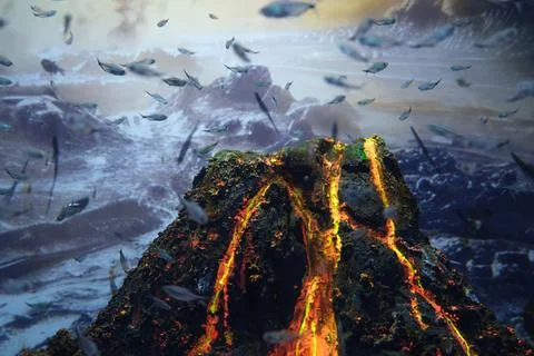 Underwater volcano with glowing lava and fish Stock Photos