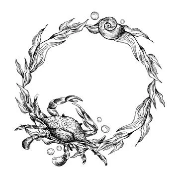 Underwater world clipart with sea animals crab, starfish and algae. Graphic Stock Illustration