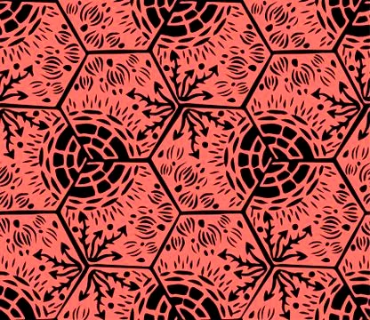Underwater world. Hexagonal tiles. Seamless pattern. Black and coral colors. イラスト素材