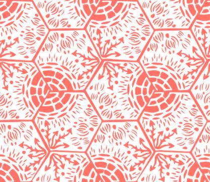 Underwater world. Hexagonal tiles. Seamless pattern. White and coral colors. Illustrazione stock