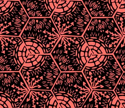 Underwater world. Hexagonal tiles. Seamless pattern. Black and coral colors. Illustrazione stock
