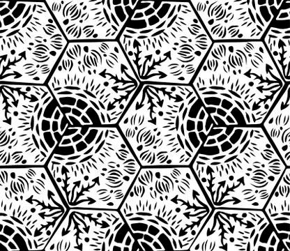 Underwater world. Hexagonal tiles. Seamless pattern. White and black colors. Stock Illustration
