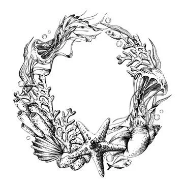 Underwater world round template frame wreath with coral, seaweed, fish, starfish Stock Illustration