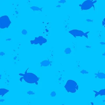 Underwater world seamless pattern. Blue depth with silhouettes of fish and sea イラスト素材