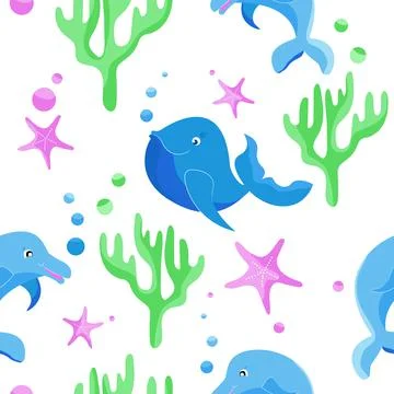 Underwater world seamless pattern. Whale and dolphin. Stock Illustration