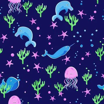 Underwater world seamless pattern. Whale and dolphin, narwhal and jellyfish. Stock Illustration