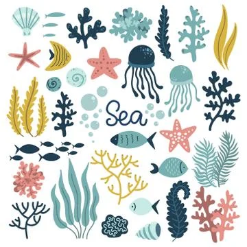 Underwater world set of elements, sea ocean, cute mollusks, coral medusa plants Stock Illustration
