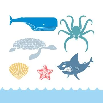 Underwater World Set flat icons. Animals Ocean. Shark and octopus. Tortoise a Stock Illustration