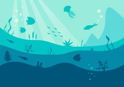 Underwater world silhouette, vector. Deep blue sea with fishes and seaweed Stock Illustration