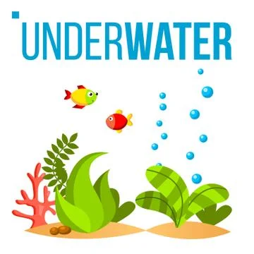 Underwater World Vector. Bottom, Fish, Seaweed, Bubbles. Isolated Flat Cartoon Stock Illustration