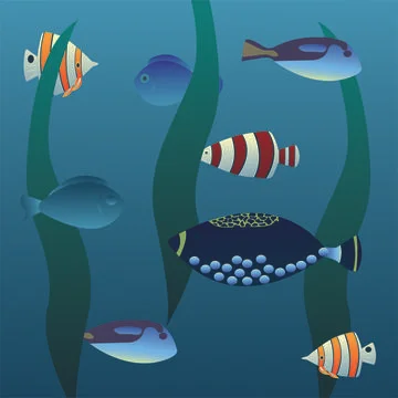 Underwater world.Different fish among algae. Illustrazione stock