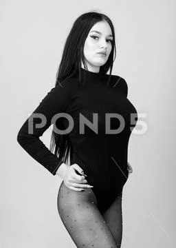 Underwear fashion. seduction. Fitness and diet. beauty with long brunette hair Stock Photos