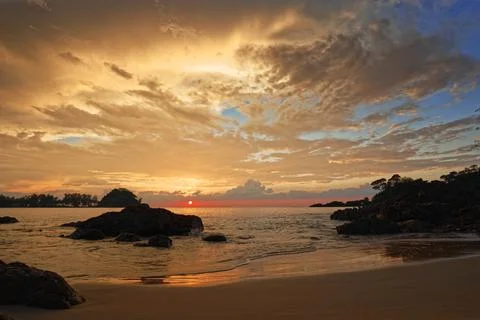 Undeveloped beach landscape at sunset in Ko Phra Thong, Phang-nga, Thailand. Stock Photos