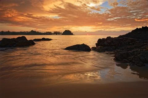 Undeveloped beach landscape at sunset in Ko Phra Thong, Phang-nga, Thailand. Stock Photos