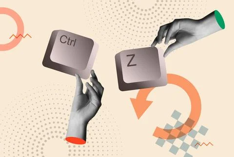 Undo shortcut, Ctrl z keyboard keys and hands in retro collage vector Illustrazione stock