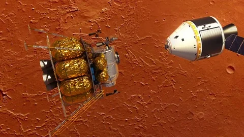Undocking Of The Space Station And Lander Over The Planet Mars Stock Footage