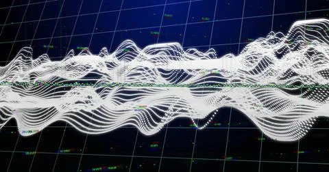 Undulating 3D white waveform rippling across dark grid, with numeric labels and Illustration