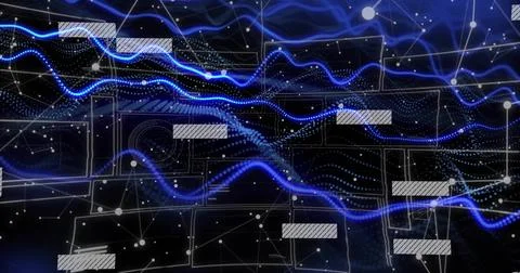 Undulating blue waveform traversing schematic grid, with network nodes, lines Stock Photos