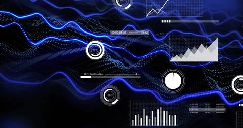 Undulating blue wavy data streams flowing across black digital space, with Stock Photos