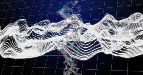 Undulating bright waveform ribbon flowing across virtual 3D grid, showing smoky Stock Illustration