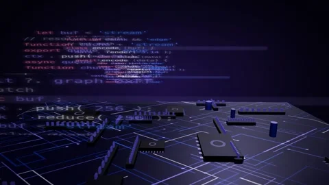 Undulating code rows over a violet circuit board with connectors and diagonal Stock Footage 340201409