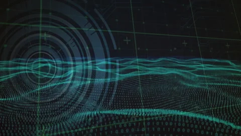 Undulating digital waveforms flowing over circuit grid, overlaying binary code 库存影片 309109725