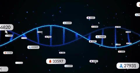 Undulating glowing blue double helix across virtual space, with icon labels and 스톡 일러스트