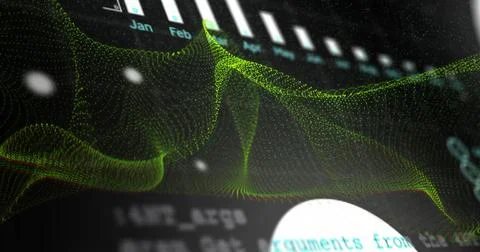Undulating green 3D mesh wave over dark interface with Jan-Apr bar chart, Stock Illustration