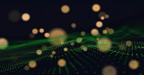 Undulating green point cloud mesh receding across simulated digital space, with Stock Photos