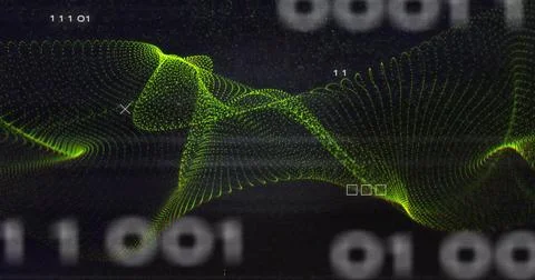 Undulating neon dotted waveform moving across dark plane, with contour-lines, Stock Photos