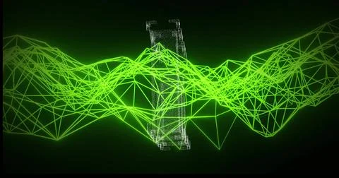 Undulating neon green wireframe mesh rising across 3D studio, with glowing Illustrazione stock
