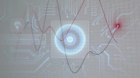 Undulating red and gray waveforms initiating spinning rings and pulsing node Stock Footage 317799837